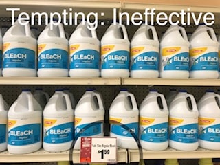 image showing display of value bleach which tempts consumers with cheap prices but doesn't disinfect parvo virus.