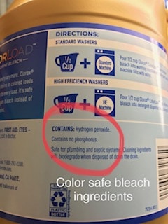 image label demonstration of color safe bleach to show that it does not contain the ingredients to kill canine parvovirus